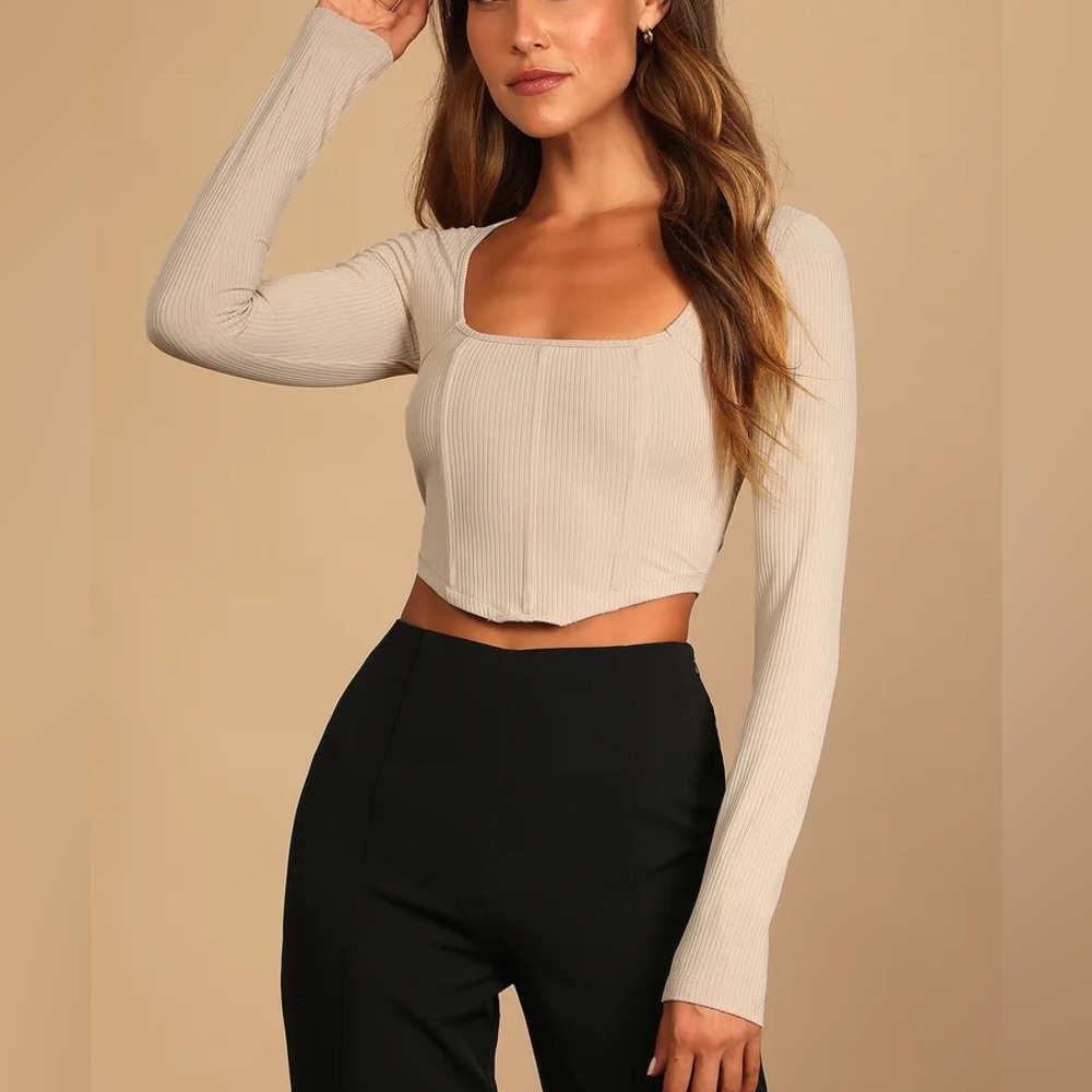 Lulu's Beige Ribbed Long Sleeve Square Neck Crop Top